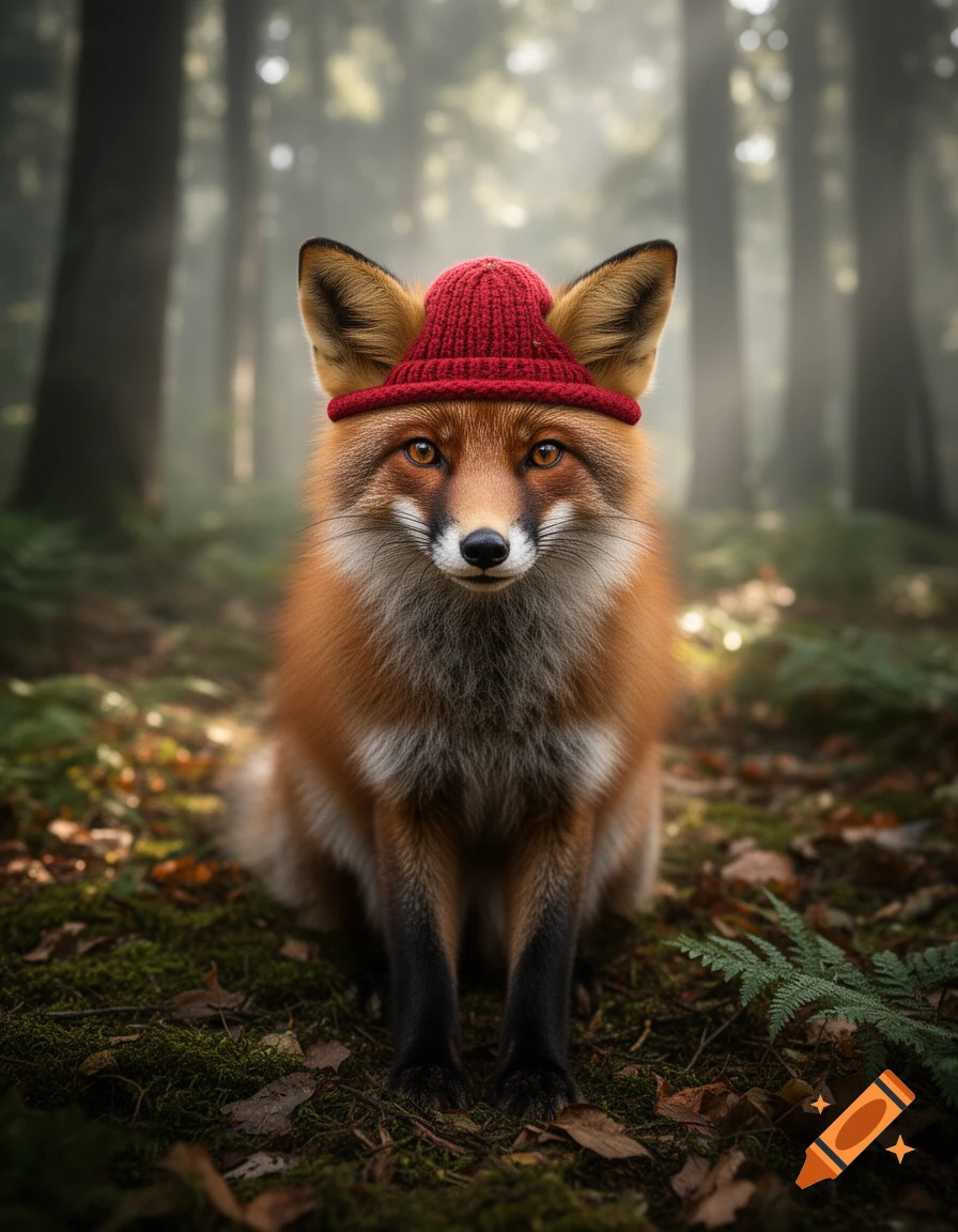 Photorealistic red fox wearing a small red knitted beanie in a misty forest.