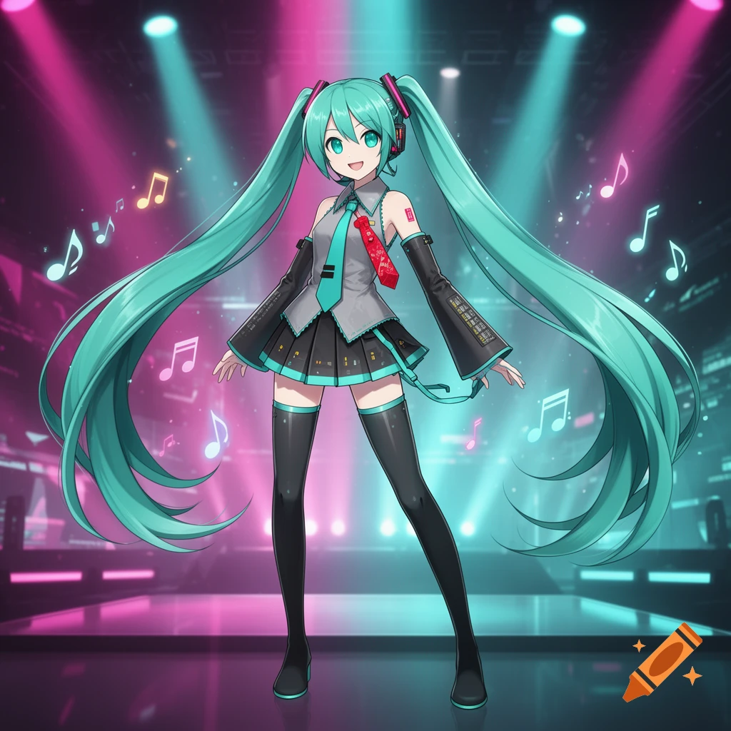 Full-body digital illustration of Hatsune Miku with long turquoise twin tails posing on a stage with glowing neon lights and musical notes.