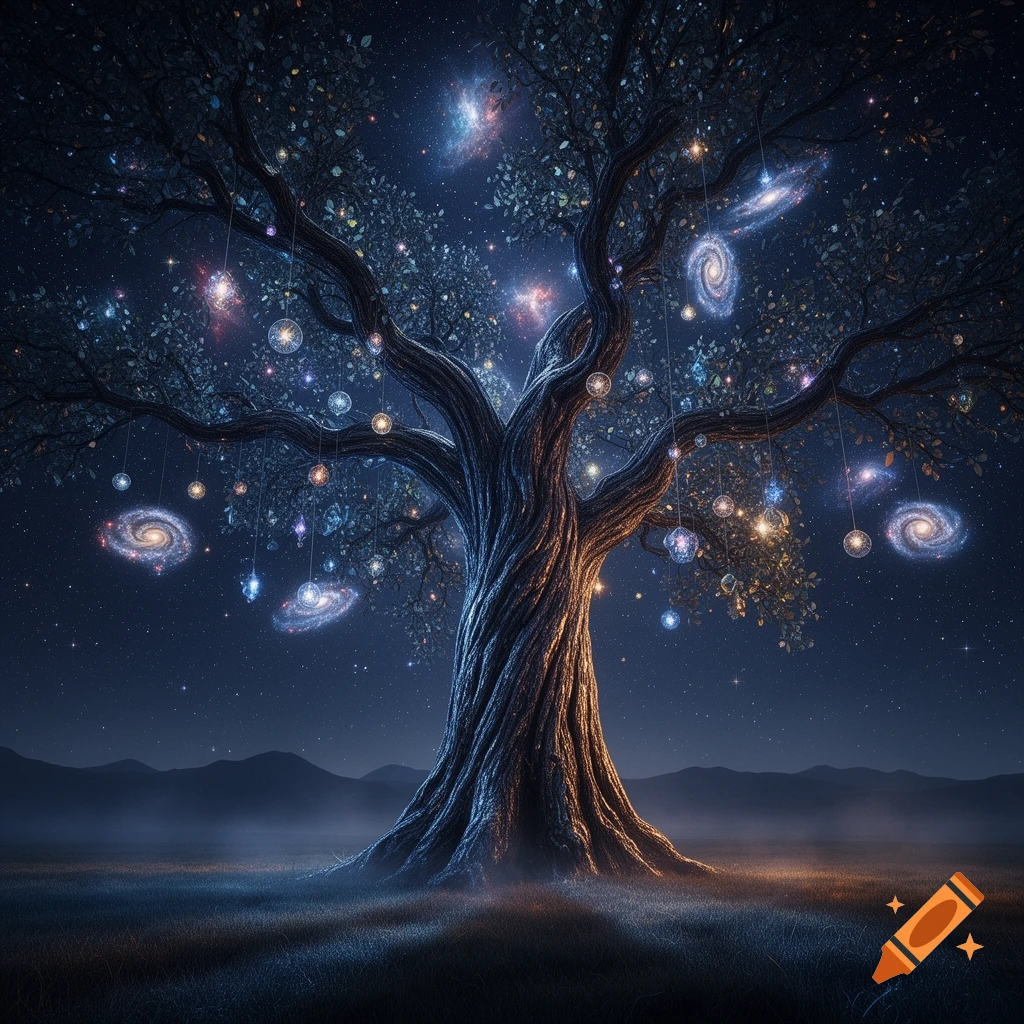 A cosmic tree with glowing stars and small galaxies hanging from its branches against a starry night sky.