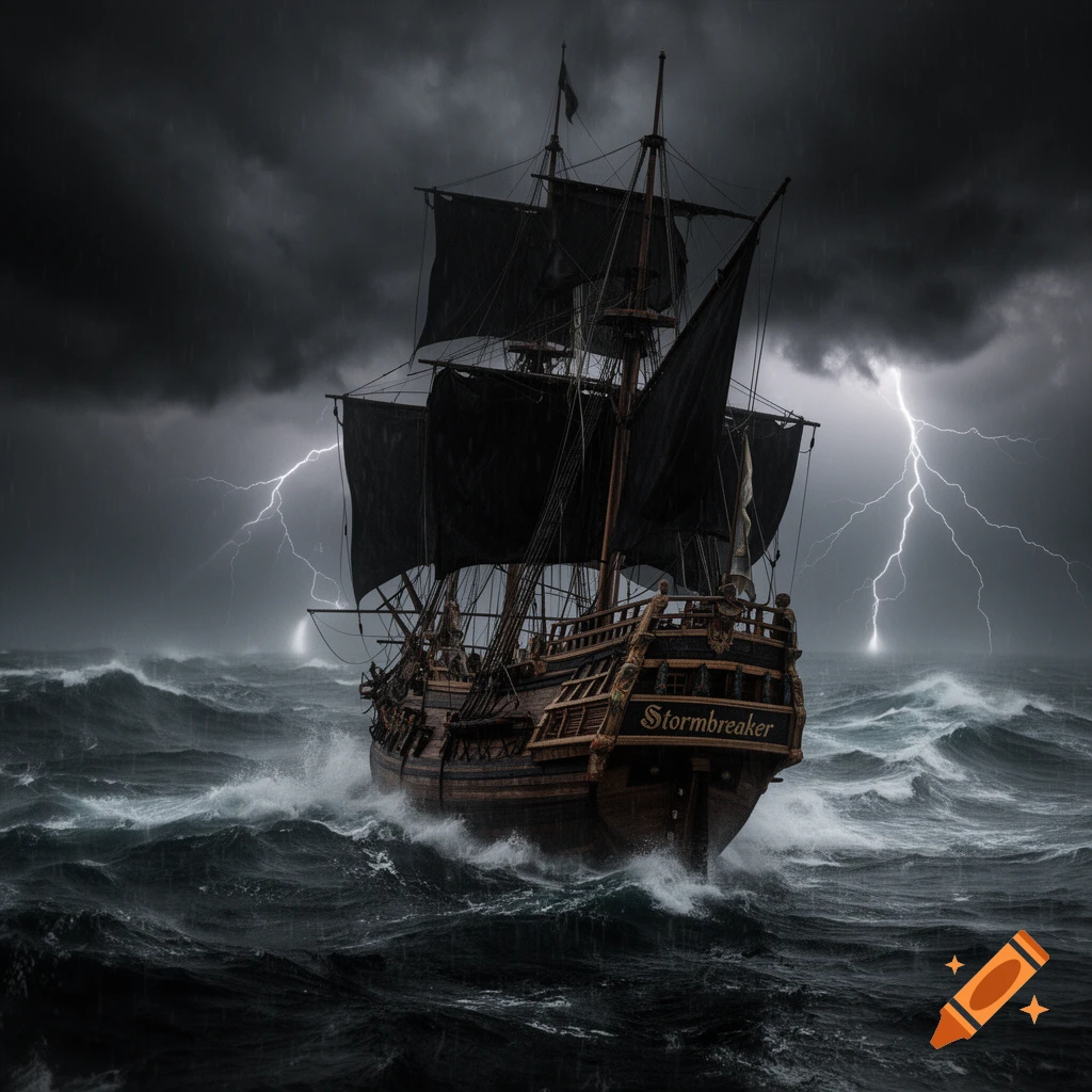 A dark, dramatic sailing ship with black sails navigating stormy, high seas under a cloudy sky with lightning strikes.