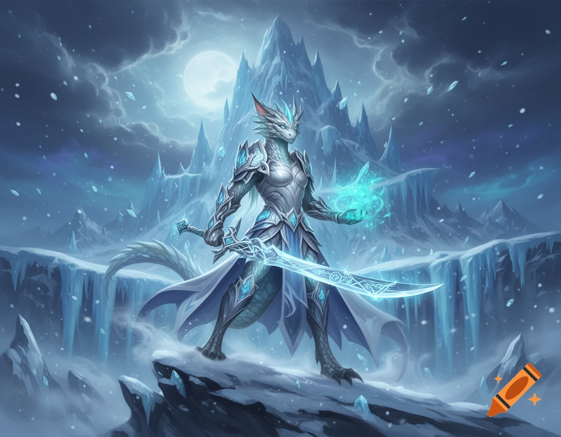 Digital painting of a female Dracthyr frost mage in glowing armor holding a curved sword in a snowy mountainous landscape.