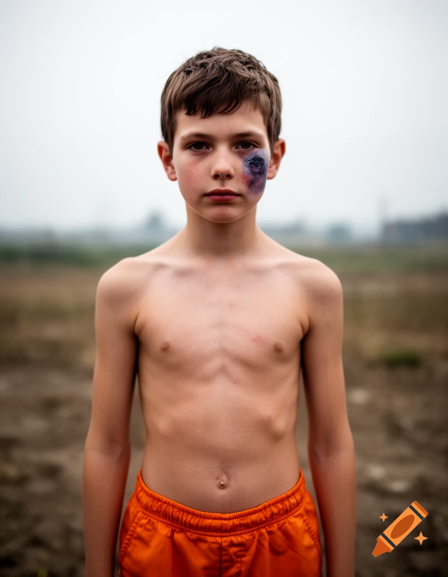 Photorealistic portrait of a shirtless young boy with a bruised cheek and orange shorts standing outdoors in an overcast setting.