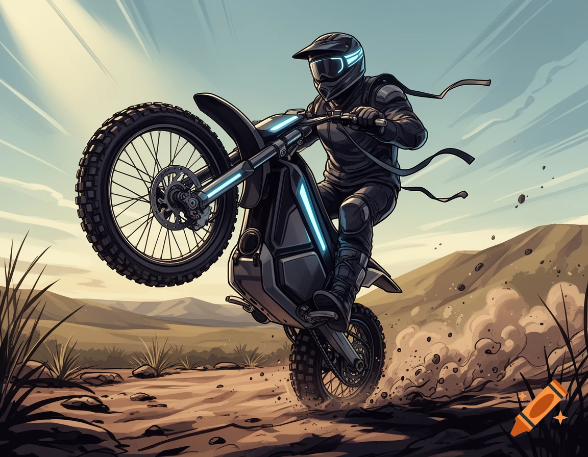 2D illustration of a person wearing a full-face helmet performing a wheelie on an electric dirt bike in a dusty landscape.