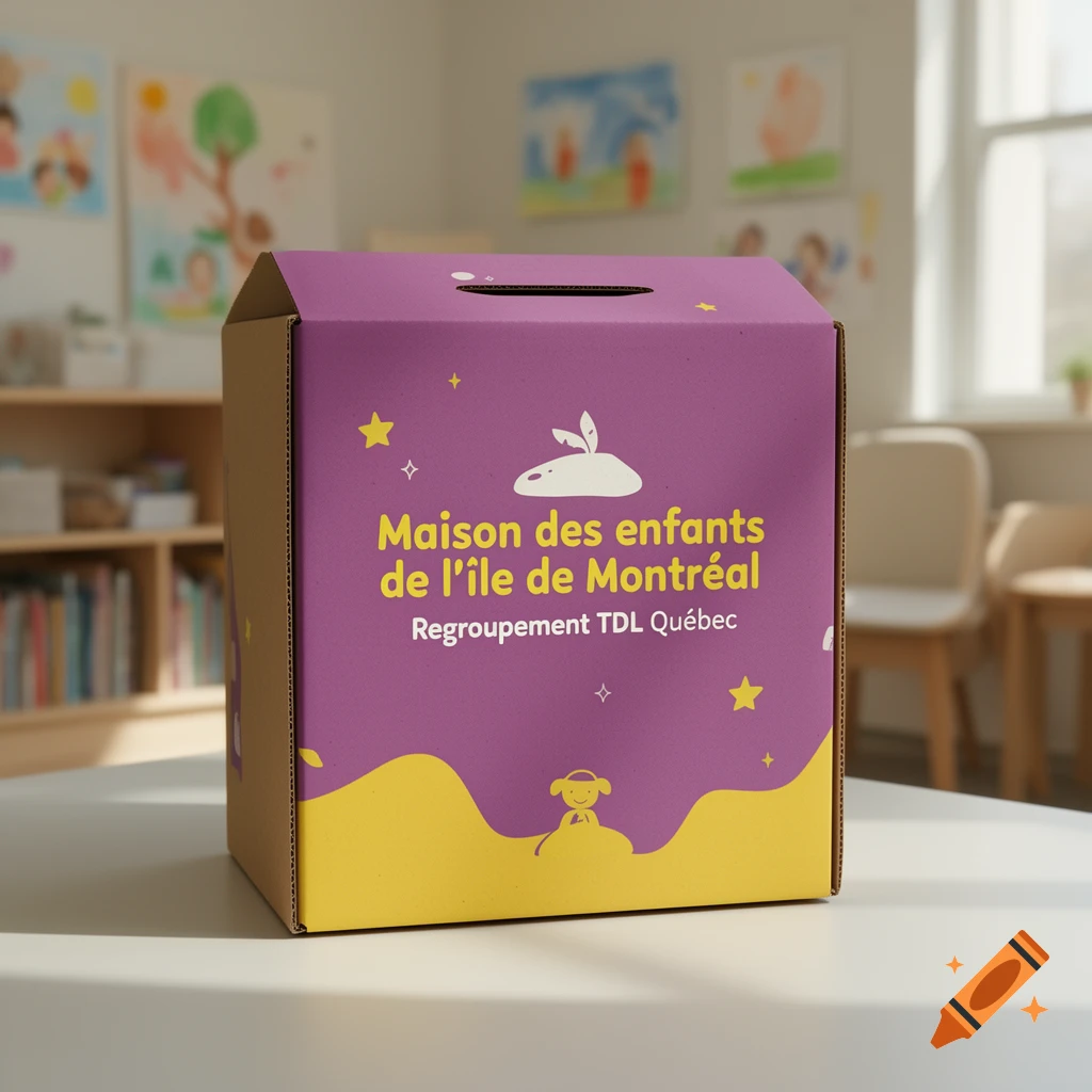 A purple and yellow cardboard box featuring text and illustrations, sitting on a table in a brightly lit room.
