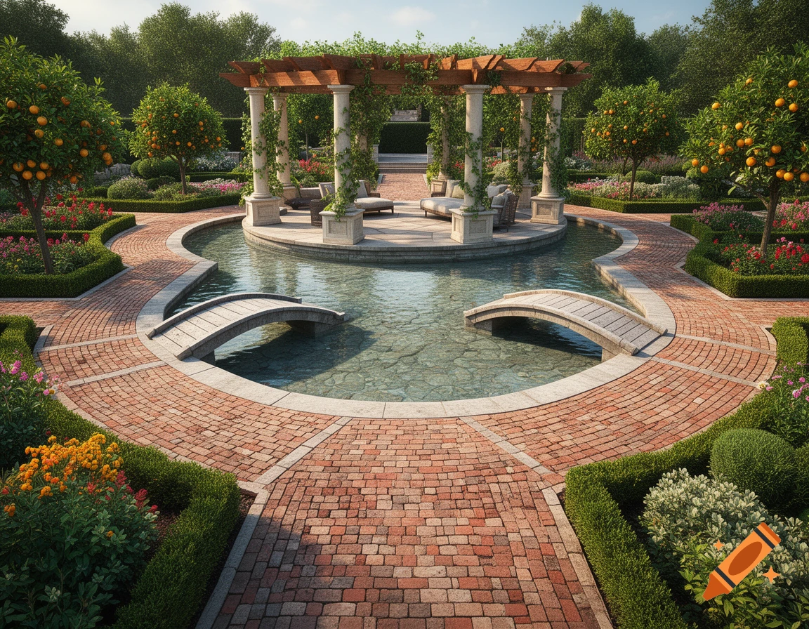 Photorealistic garden with a wooden pergola in the center, surrounded by a circular pool, brick paths, orange trees, and small bridges.