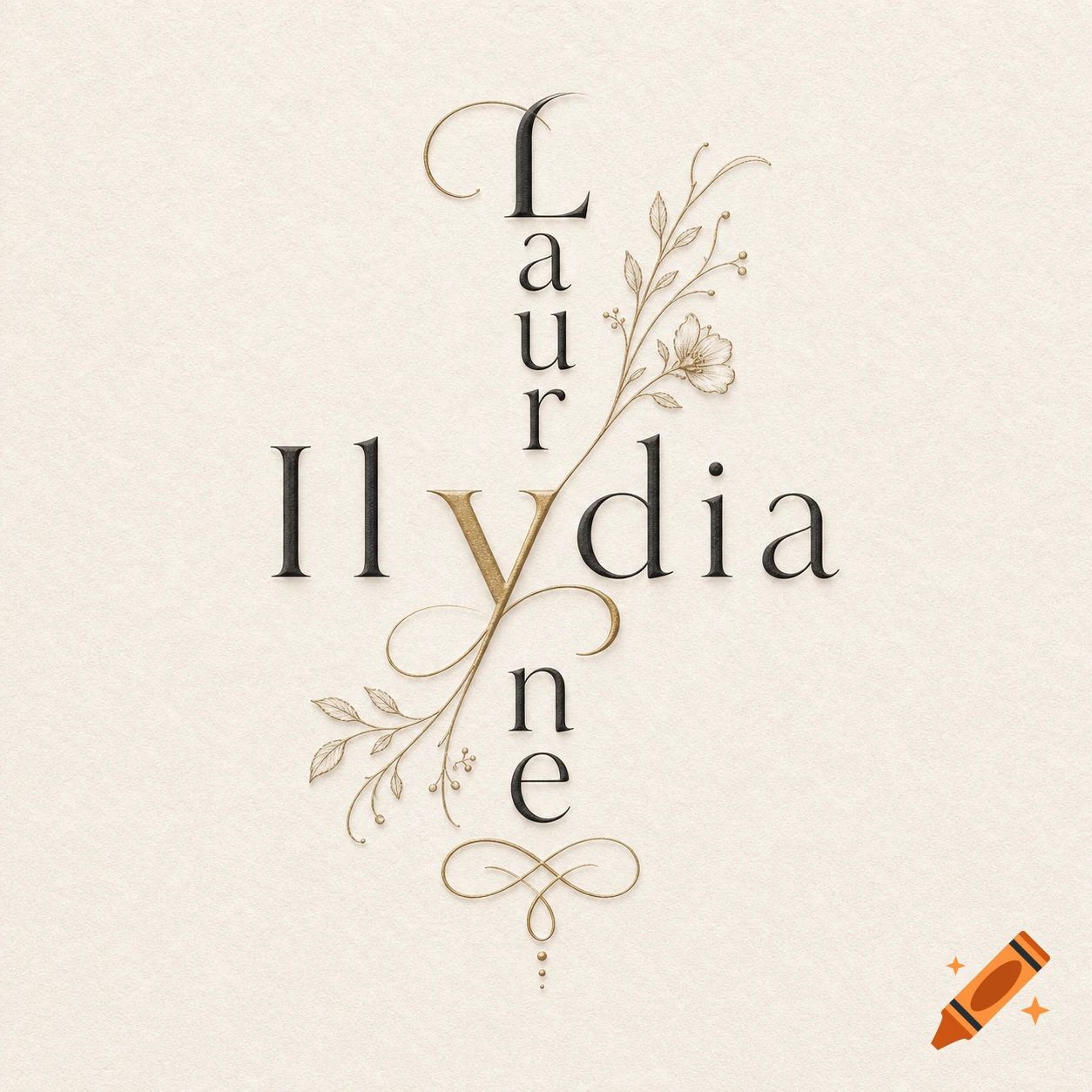 Elegant typography monogram combining the names Lauryne and Ilydia in black serif font with delicate golden floral elements.