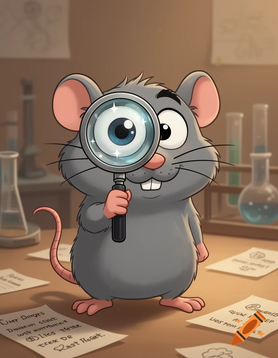 Digital cartoon illustration of a grey rat in a laboratory holding a magnifying glass up to its large eye.