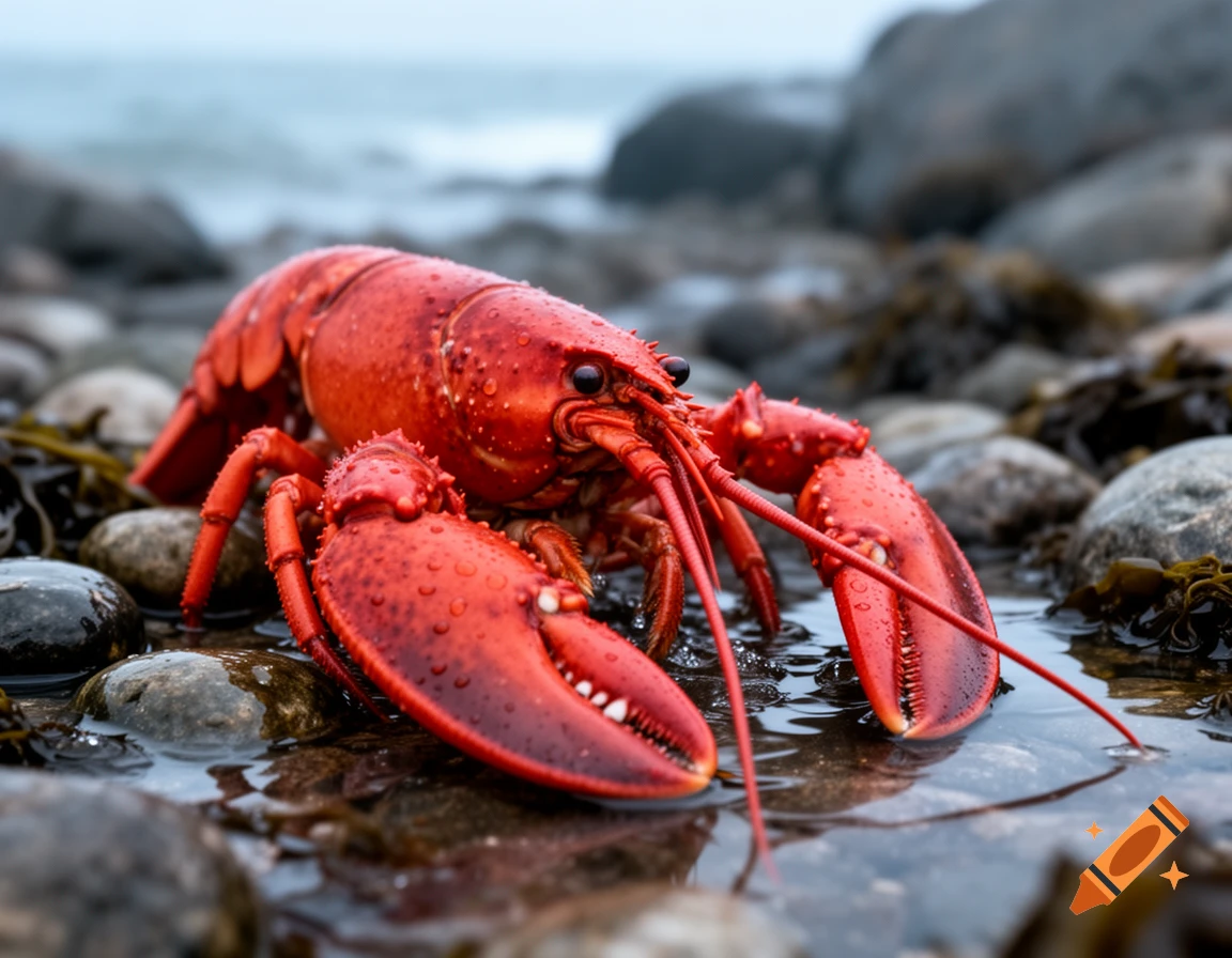 Photorealistic red lobster on wet rocks by the ocean.