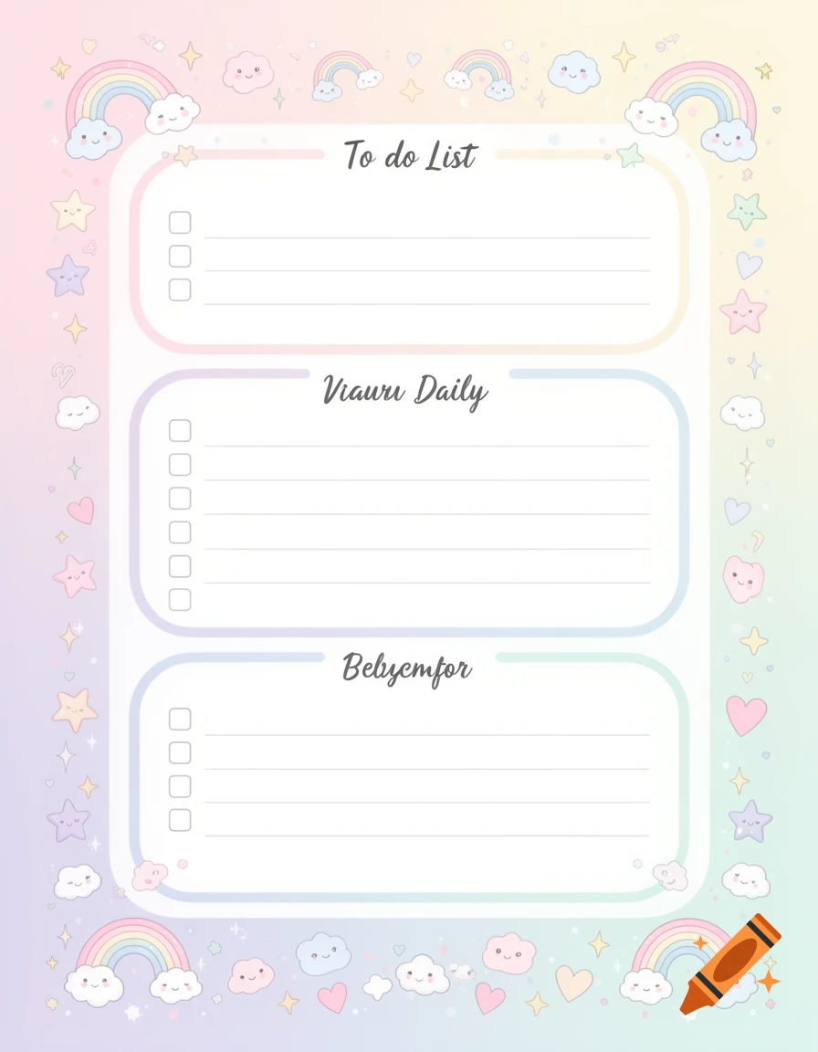 Kawaii style pastel to-do list planner page with cute clouds, rainbows, and stars border.