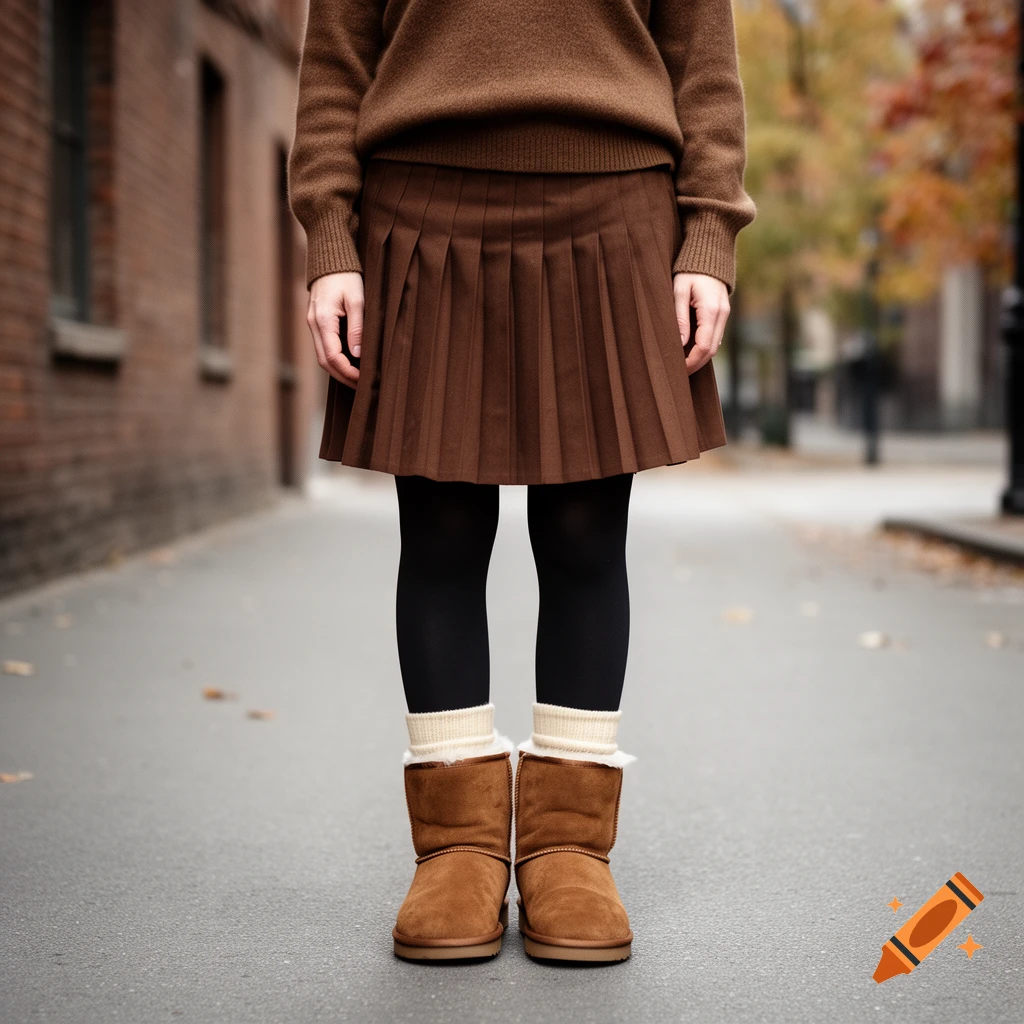 Close-up of a person wearing a brown sweater, pleated skirt, black tights, cream socks, and brown Ugg boots.