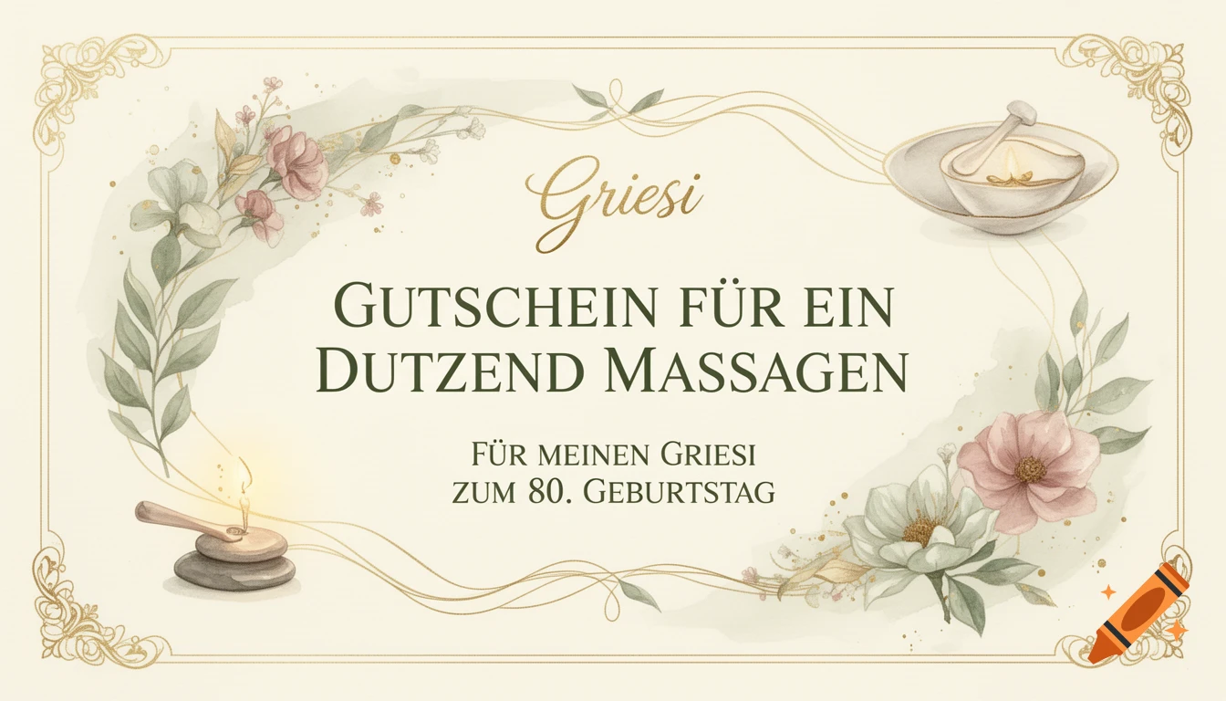 Watercolor illustration of a massage voucher with floral decorations, candles, and German text.