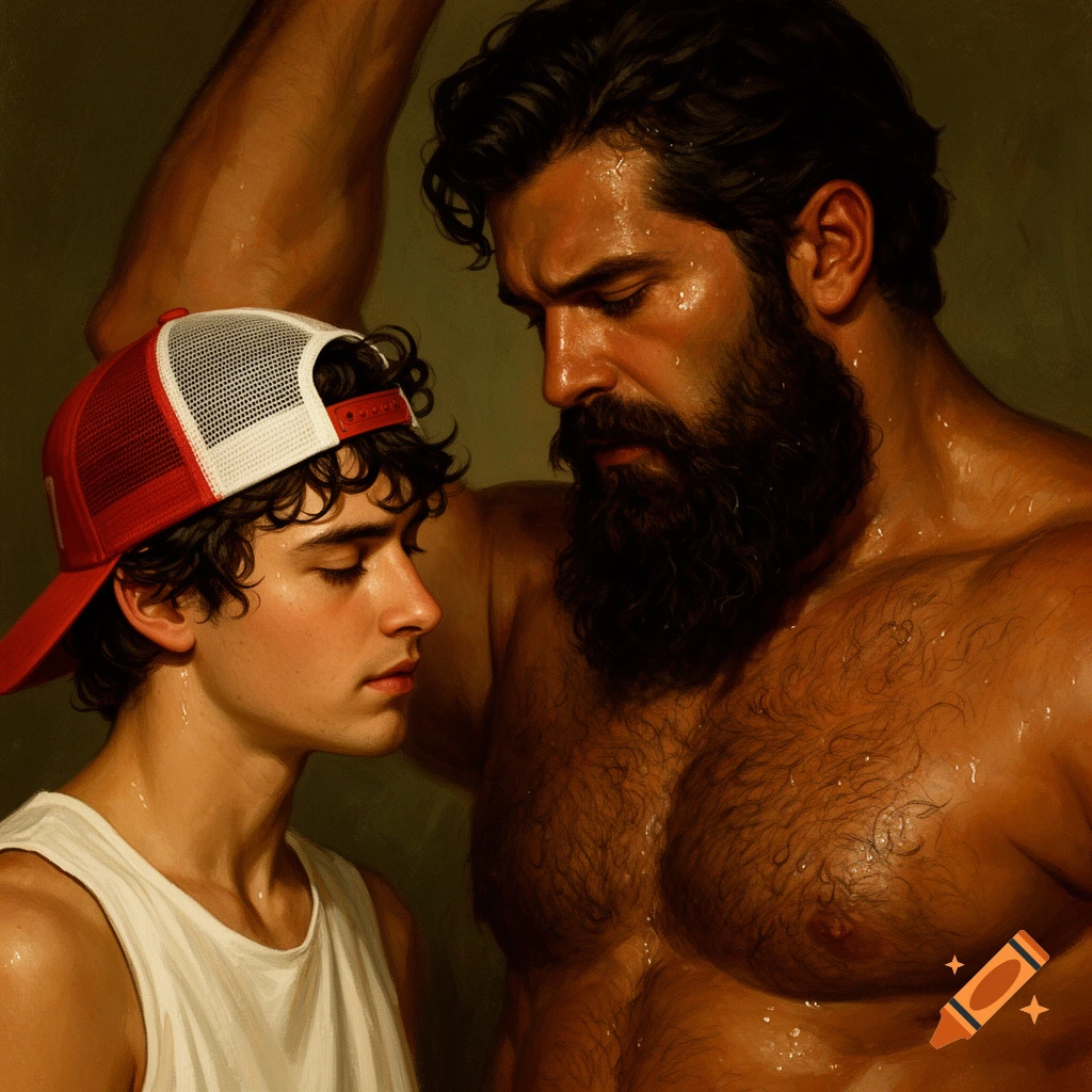 Cinematic digital painting of two adult men in an intimate close-up, one wearing a red trucker cap and the other bearded and muscular.