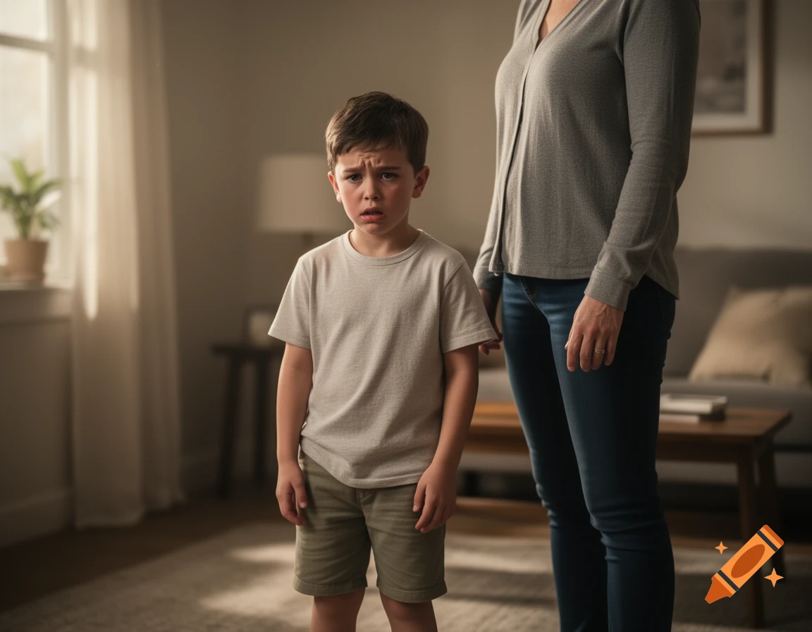 A young boy with a distressed expression standing indoors next to a woman.