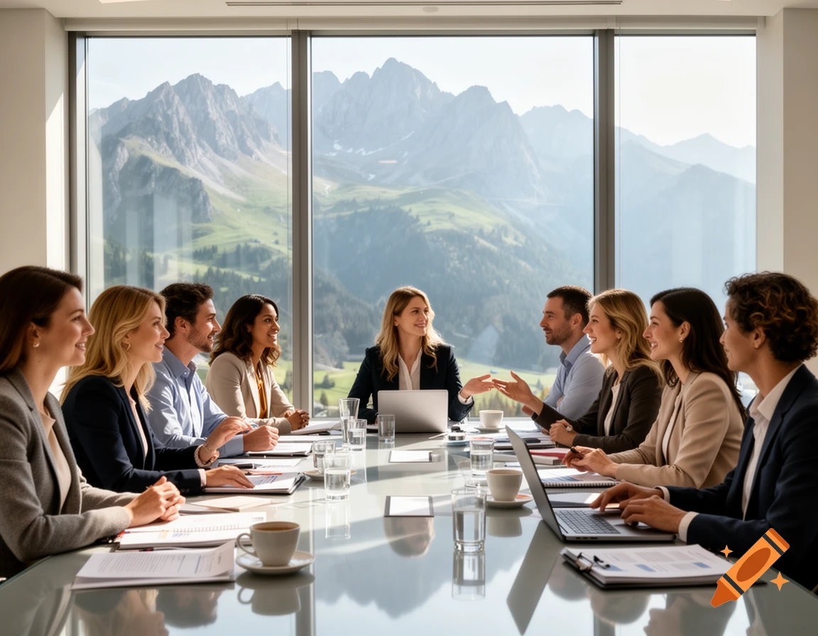 A diverse group of professionals having a business meeting around a glass conference table with a mountain view outside the window.