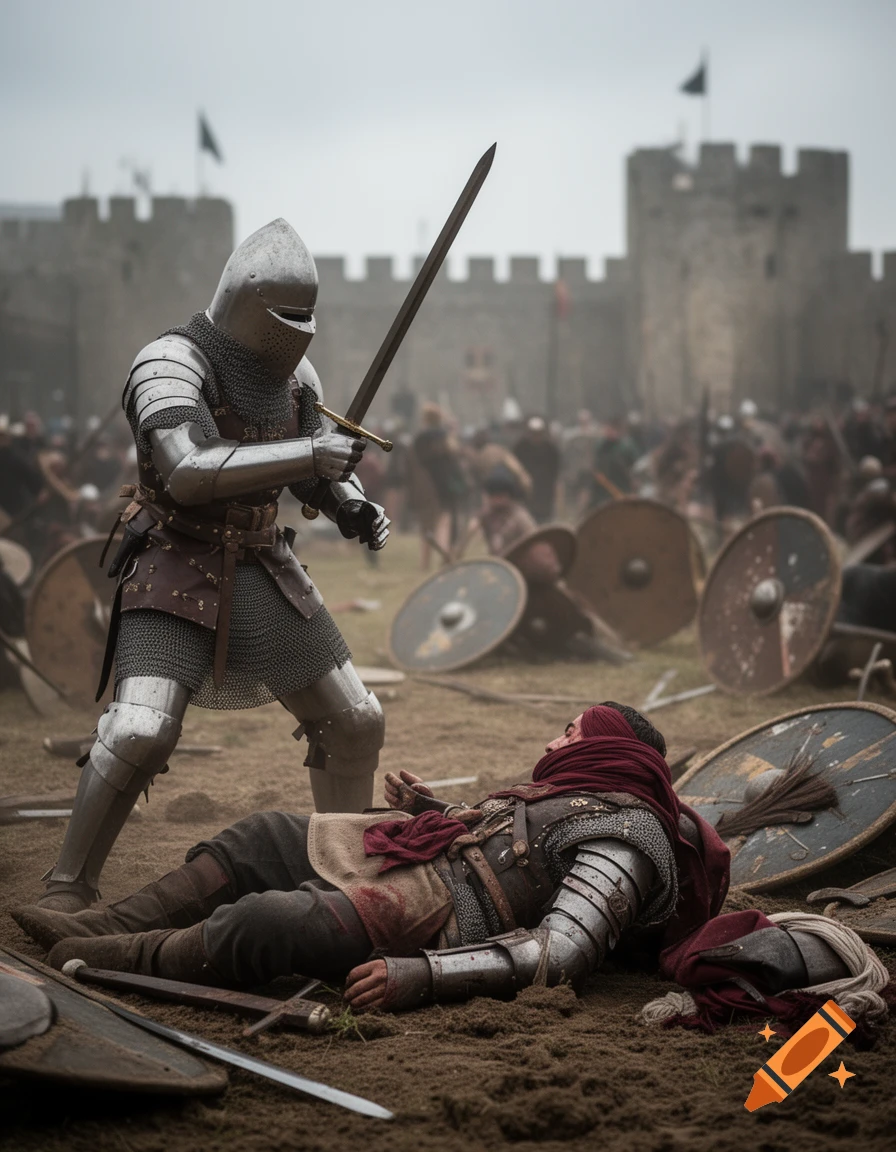 Photorealistic scene of a medieval knight in armor standing over a fallen soldier on a battlefield with a castle in the background.
