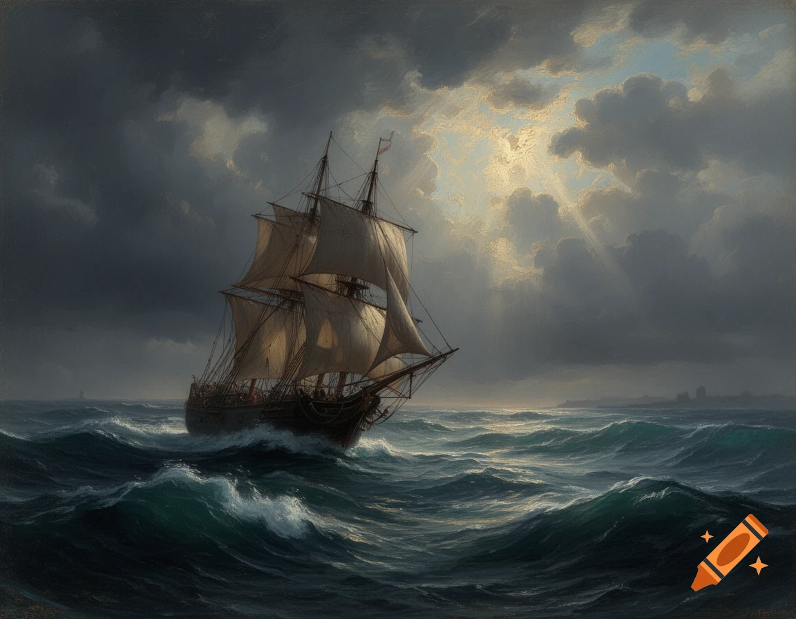 An oil painting of a tall ship sailing through rough seas under a dramatic, cloudy sky with sunbeams breaking through.