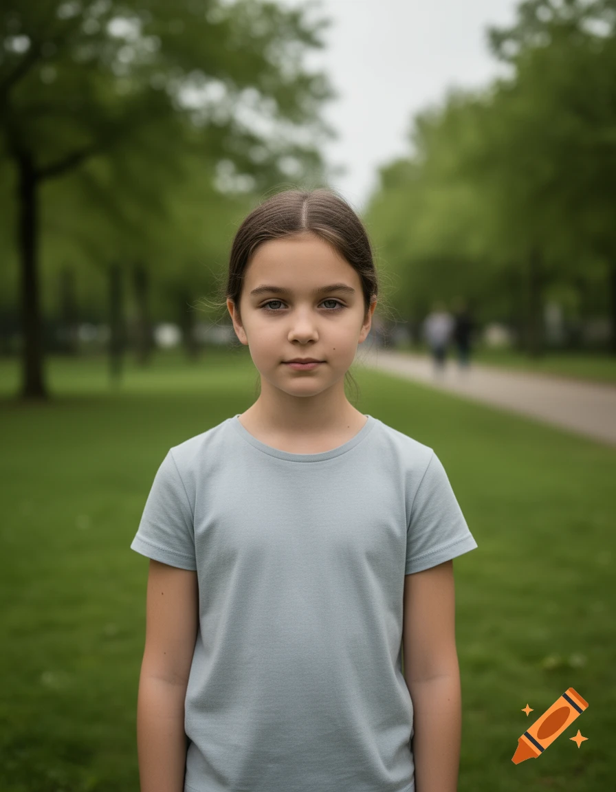 Photorealistic portrait of a young girl in a grey t-shirt standing in a park with green trees in the background.