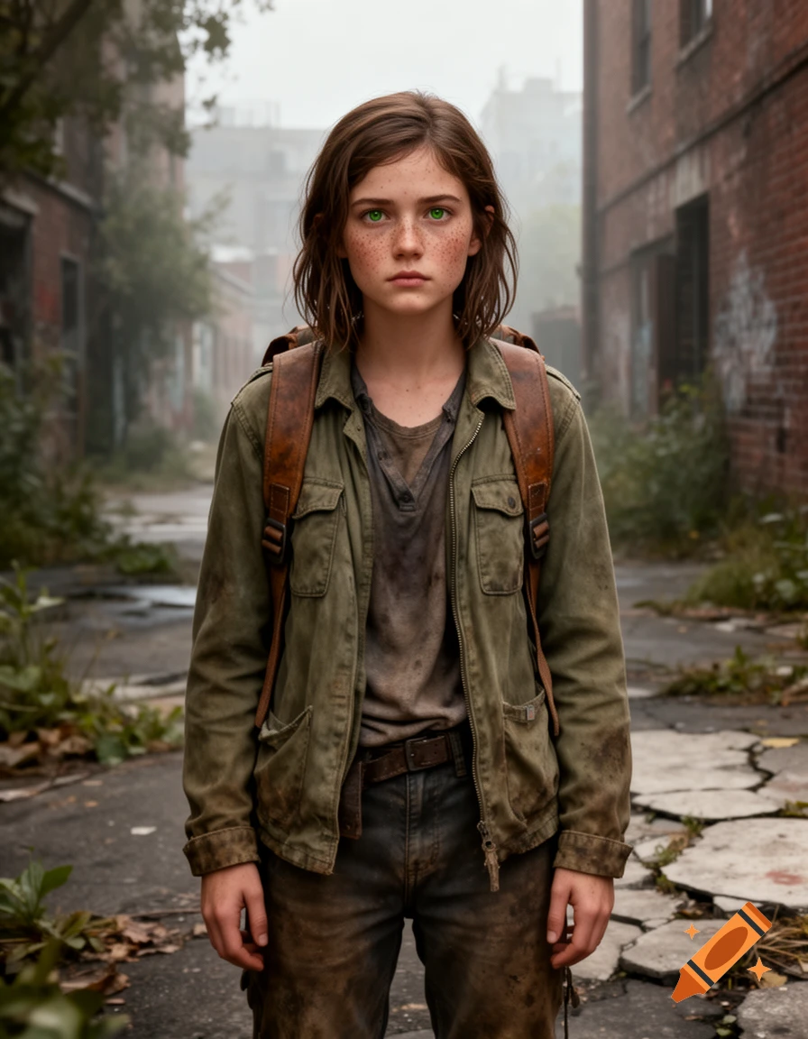 Photorealistic portrait of a young girl with bright green eyes and freckles, wearing a worn green jacket and backpack in a ruined city alley.