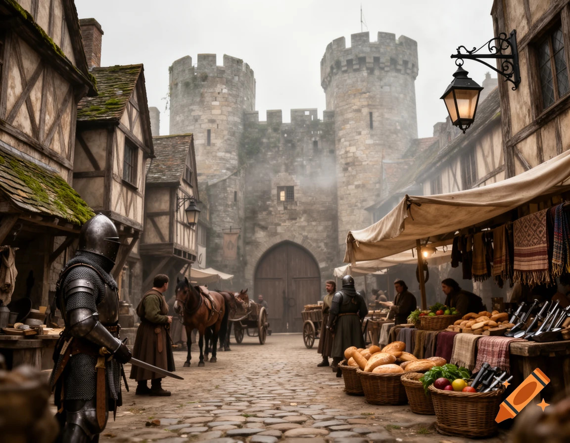 Photorealistic medieval street scene with a knight in armor, castle gates in the background, and a market stall with bread and vegetables.