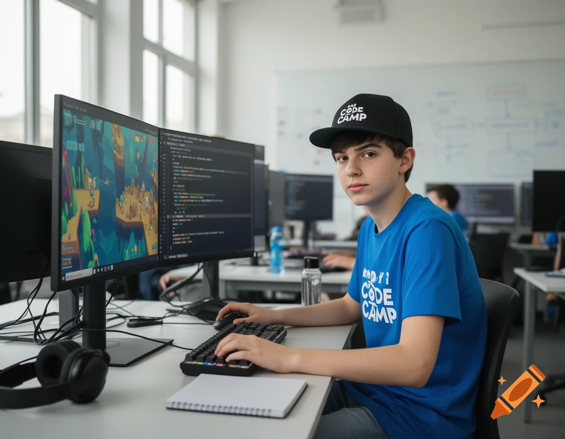 A young boy wearing a cap and blue t-shirt programming on dual monitors in a classroom setting.