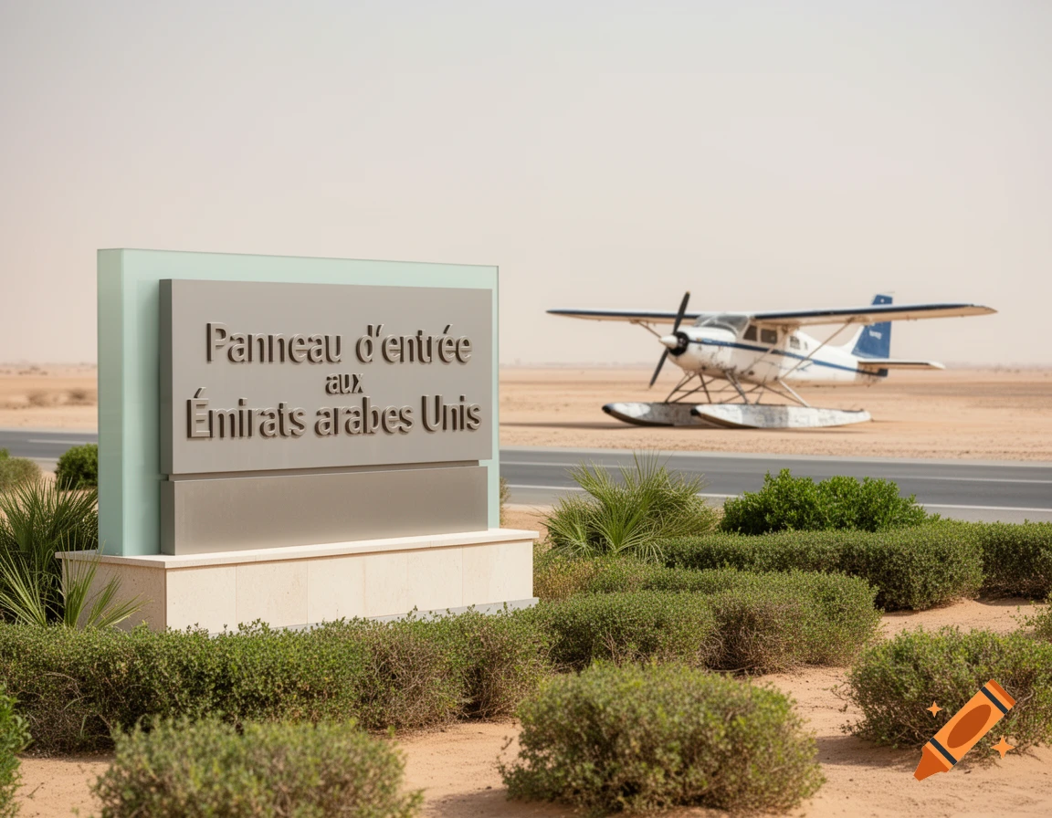 Photorealistic image of a welcome sign in French for the United Arab Emirates next to a seaplane in a desert landscape.