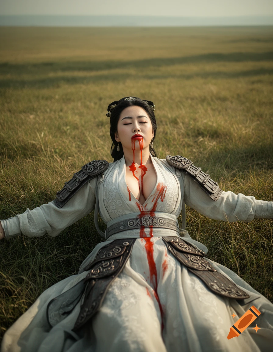 Photorealistic image of an ancient Asian female general lying on a grassland with her eyes closed and red juice on her chest.