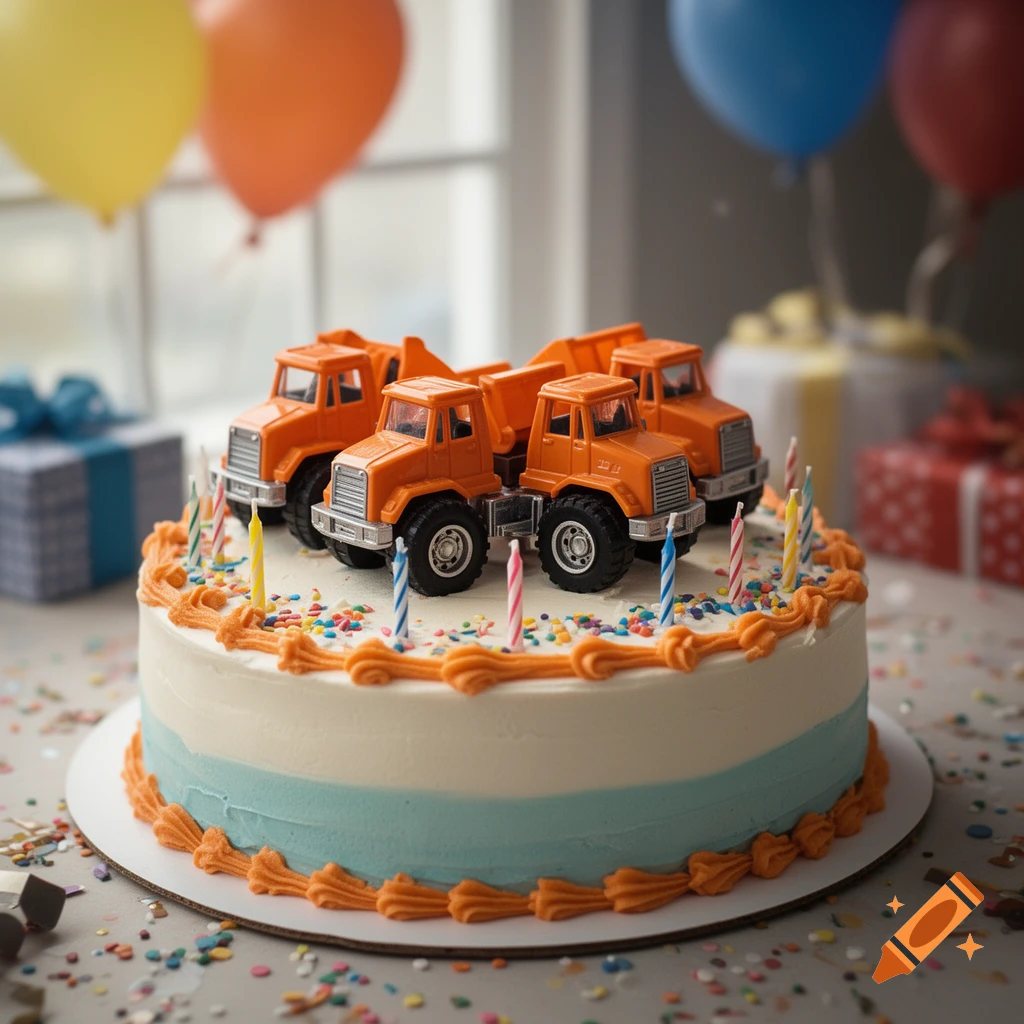 Photorealistic birthday cake decorated with orange toy dump trucks, colorful candles, and sprinkles, with balloons in the background.