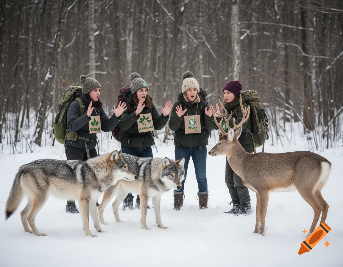 Photorealistic image of four vegans wearing winter gear and holding signs attempting to stop two wolves and a deer in a snowy forest.
