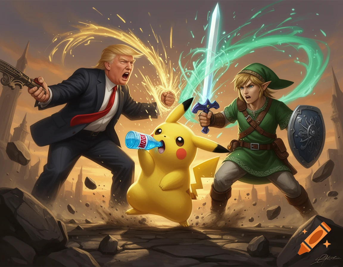 Digital painting of Donald Trump and Link fighting, while Pikachu drinks a bottle of Windex in the center.