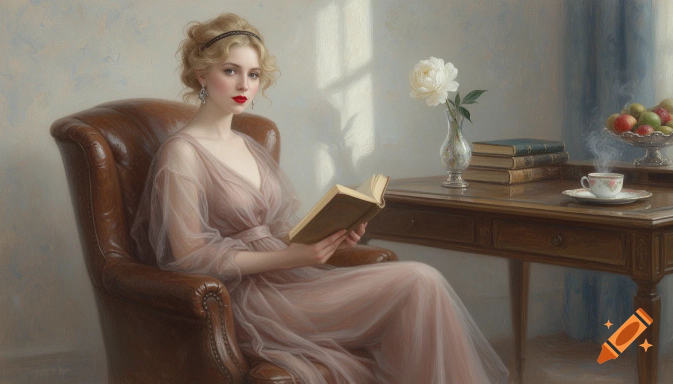 Impressionist painting of a blonde woman in a pink dress sitting in a leather armchair and reading a book.