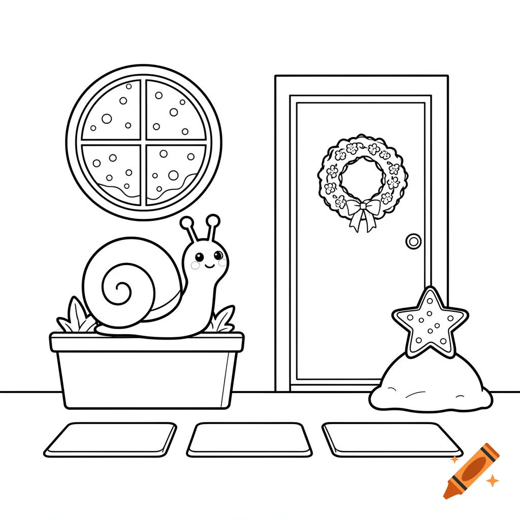 Black and white coloring book page featuring a cute snail in a planter box next to a snowy window, door with a wreath, and a star cookie.