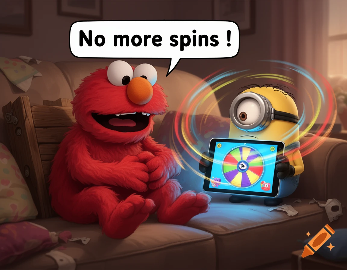 Elmo sitting on a couch looking upset while a Minion holds an iPad displaying a spinning wheel game, digital art style.