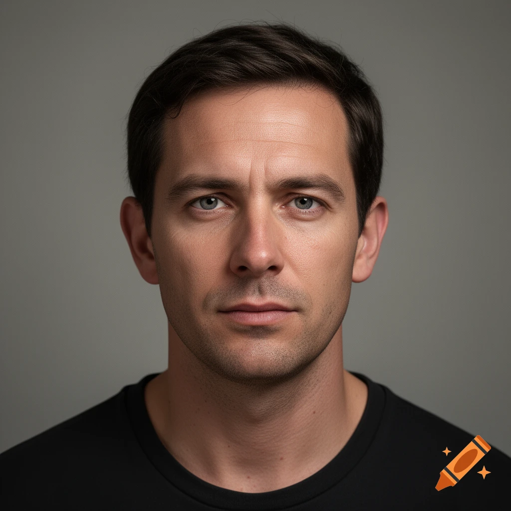 Hyperrealistic headshot portrait of a man with dark hair and blue eyes against a grey background.