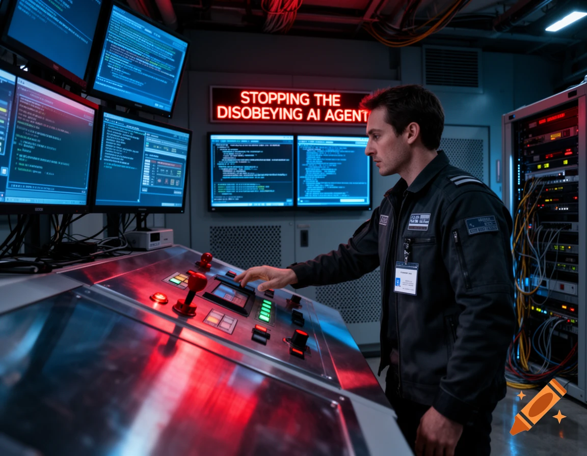 Photorealistic scene of a technician in a futuristic control room, operating a glowing console amidst server racks and monitors.