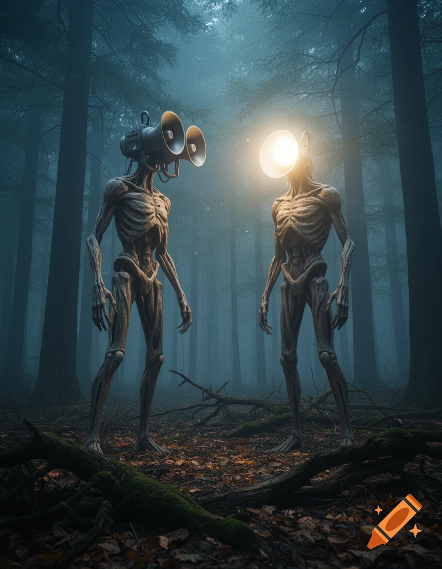 Siren Head and Light Head facing each other in a misty, dark forest. Photorealistic style.