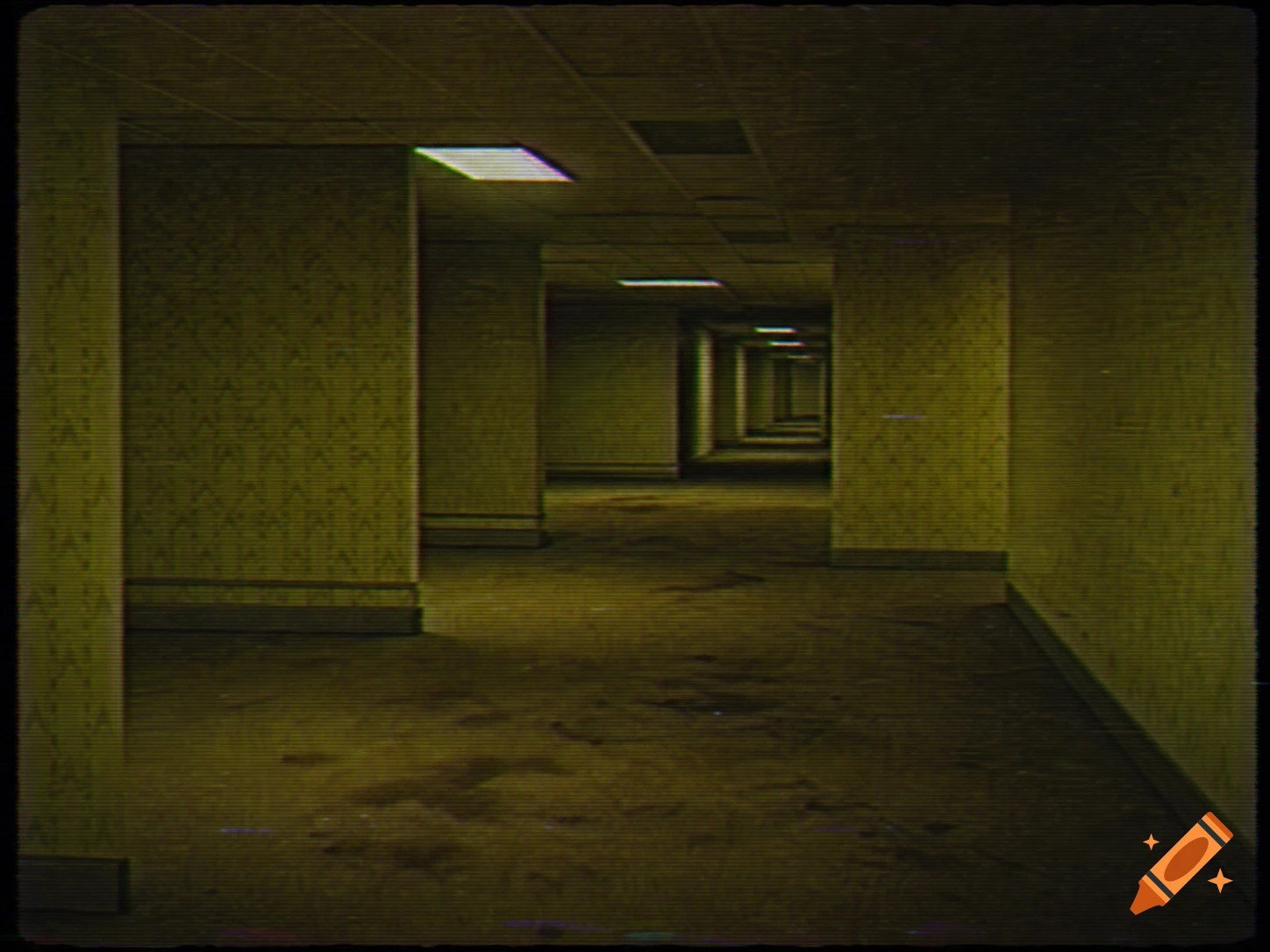 An eerie, empty yellow hallway of the Backrooms with flickering fluorescent lights and VHS distortion effects.