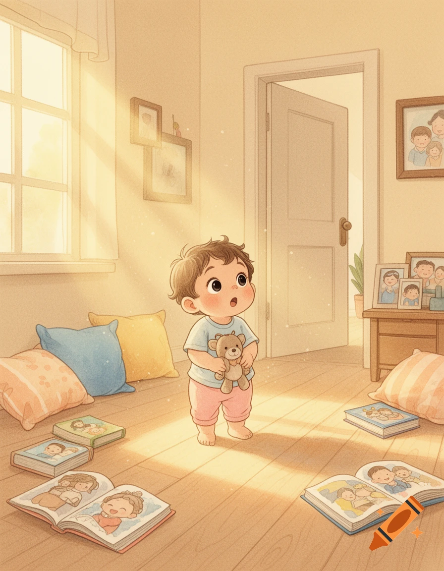 Digital book-style illustration of a toddler holding a teddy bear in a sunlit room with open picture books on the floor.