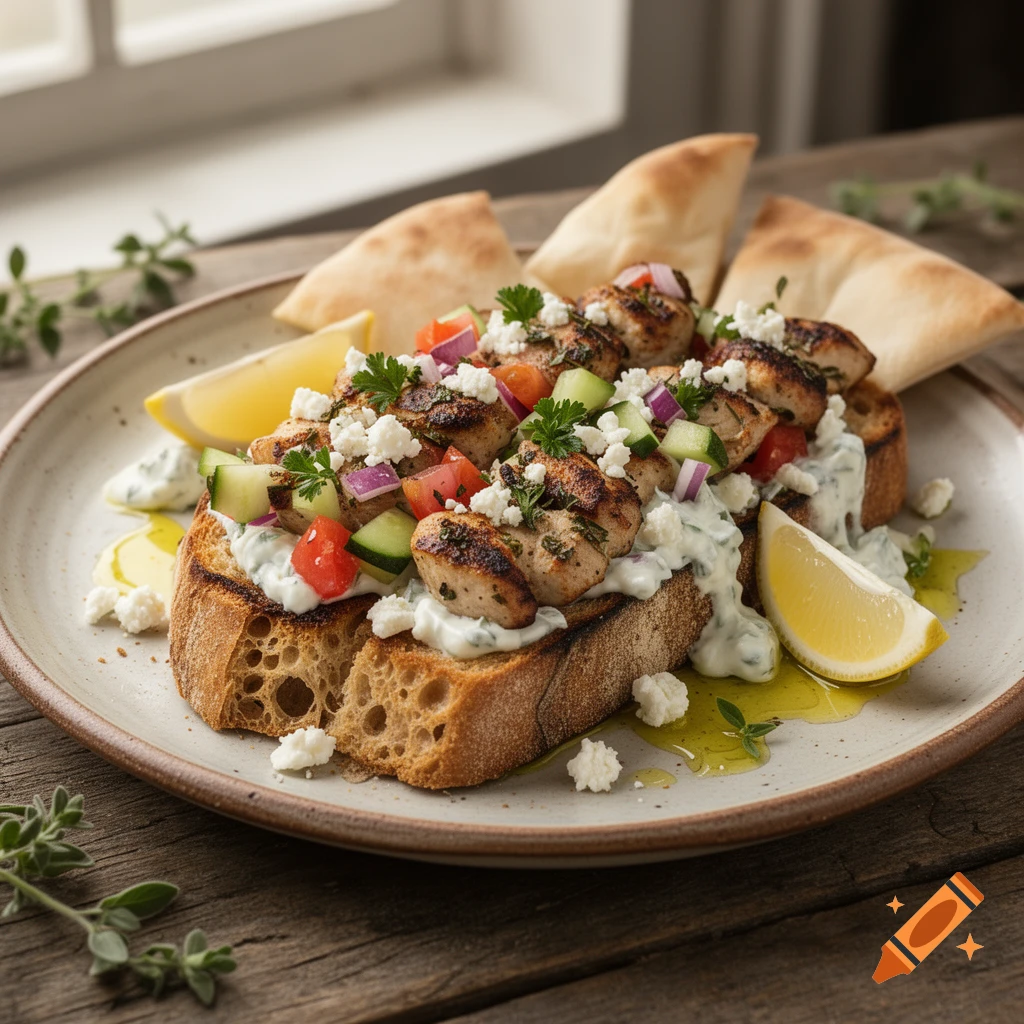 Photorealistic close-up of bruschetta souvlaki fusion on a plate with pita bread, tomatoes, cucumbers, tzatziki, and feta cheese.