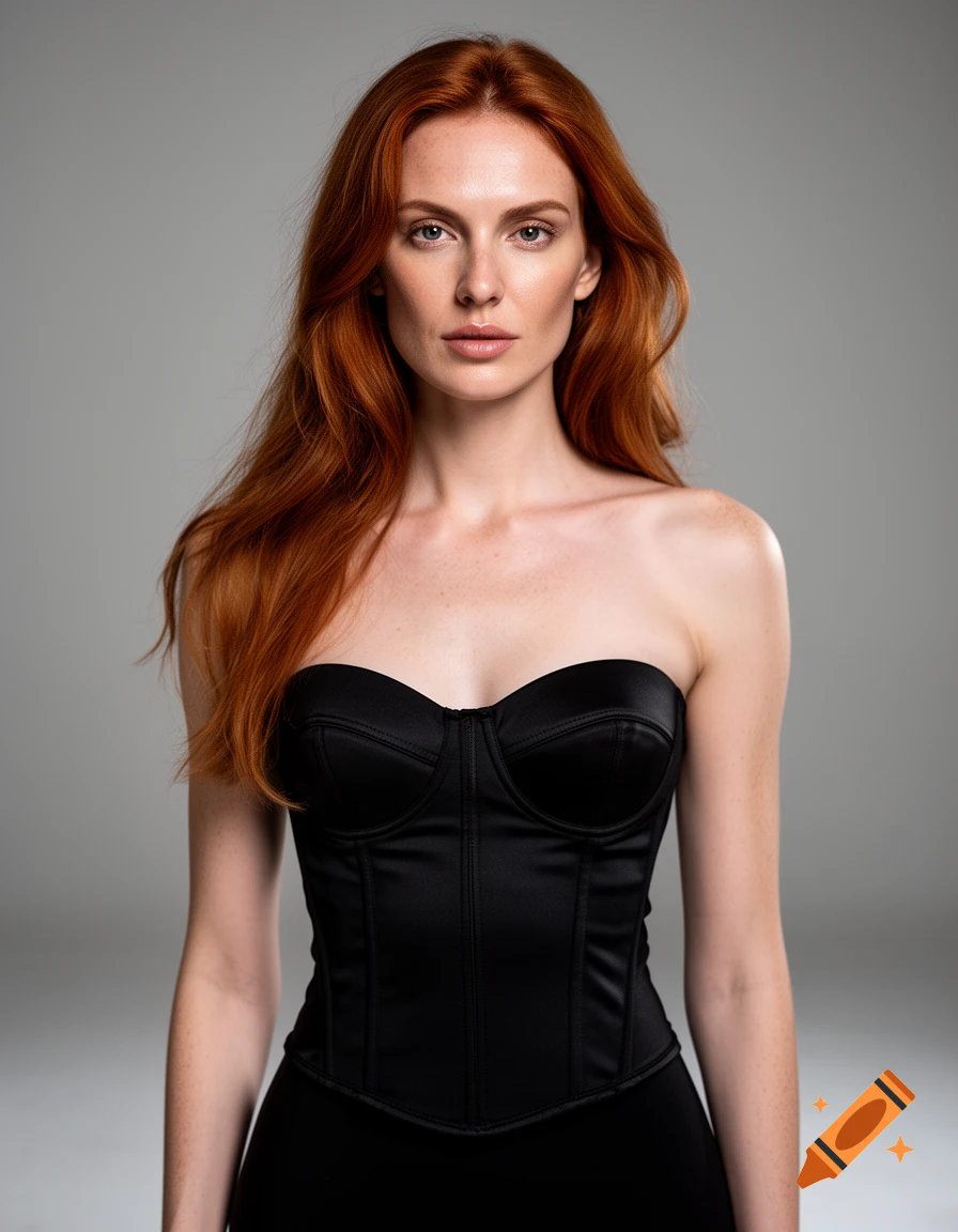 Photorealistic studio portrait of a 30-year-old woman with long auburn hair wearing a black bustier against a grey background.