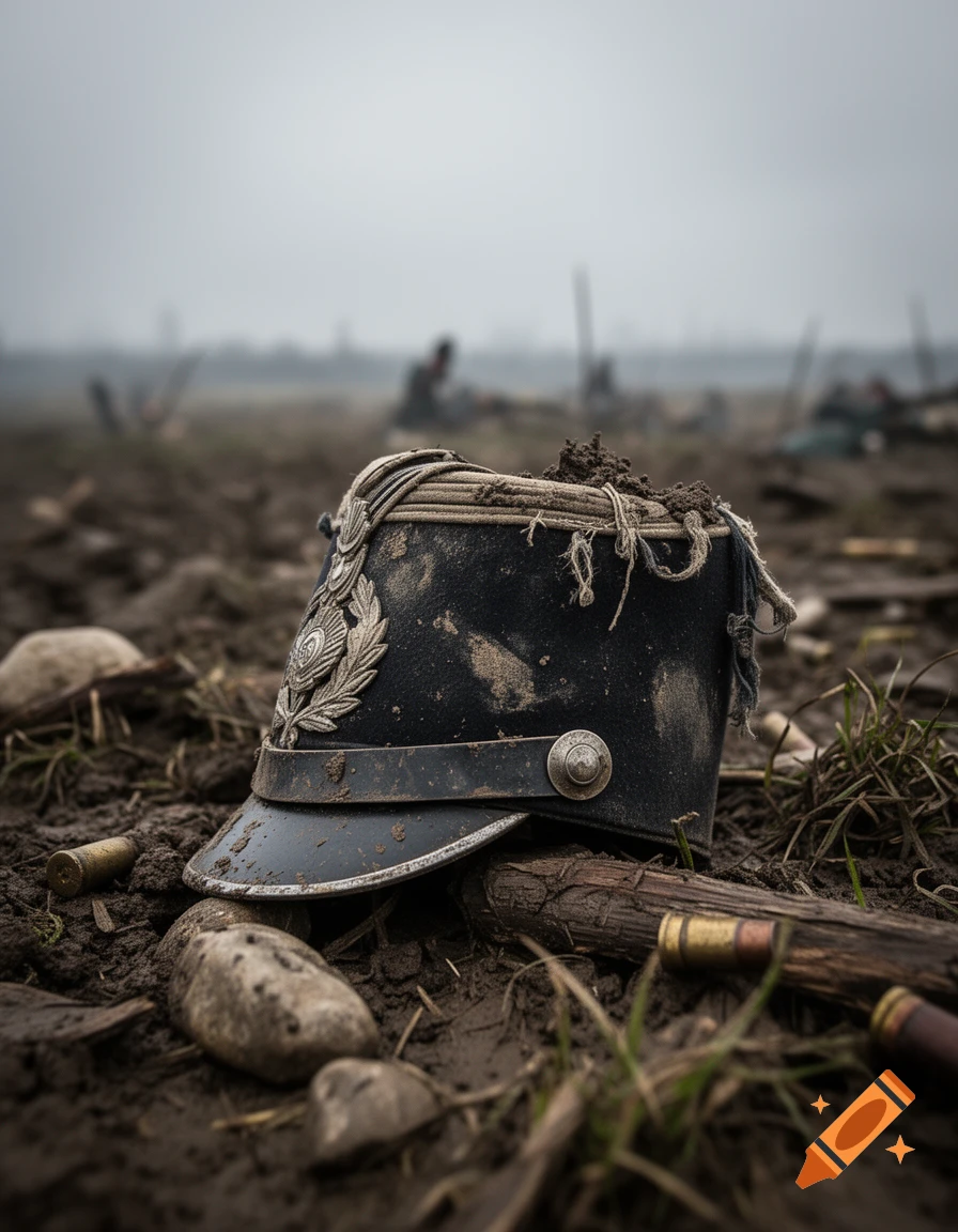 A dirty, weathered hussar shako hat resting on muddy ground amidst a battlefield.