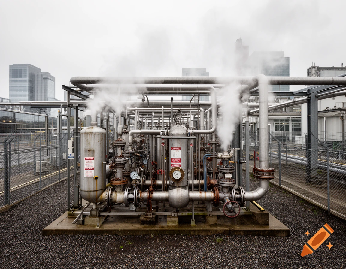 Photorealistic image of a complex industrial piping and steam valve system outdoors against a cloudy city skyline.
