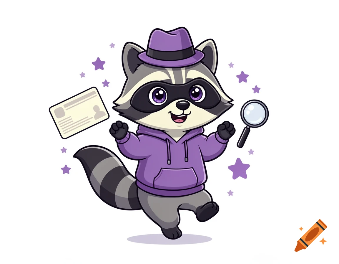 Cute cartoon raccoon wearing a purple hat and hoodie, tiptoeing while holding a magnifying glass and ID card, vector illustration style