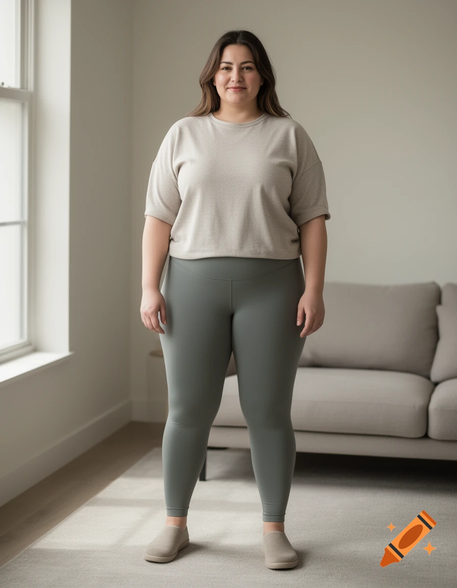 Full-body photorealistic portrait of a smiling woman with a fuller figure standing indoors wearing a light-colored t-shirt and grey leggings.