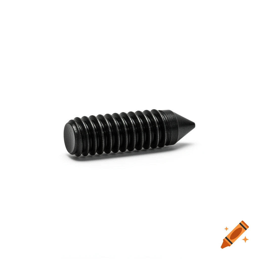Photorealistic image of a black set screw with a pointed tip on a white background.