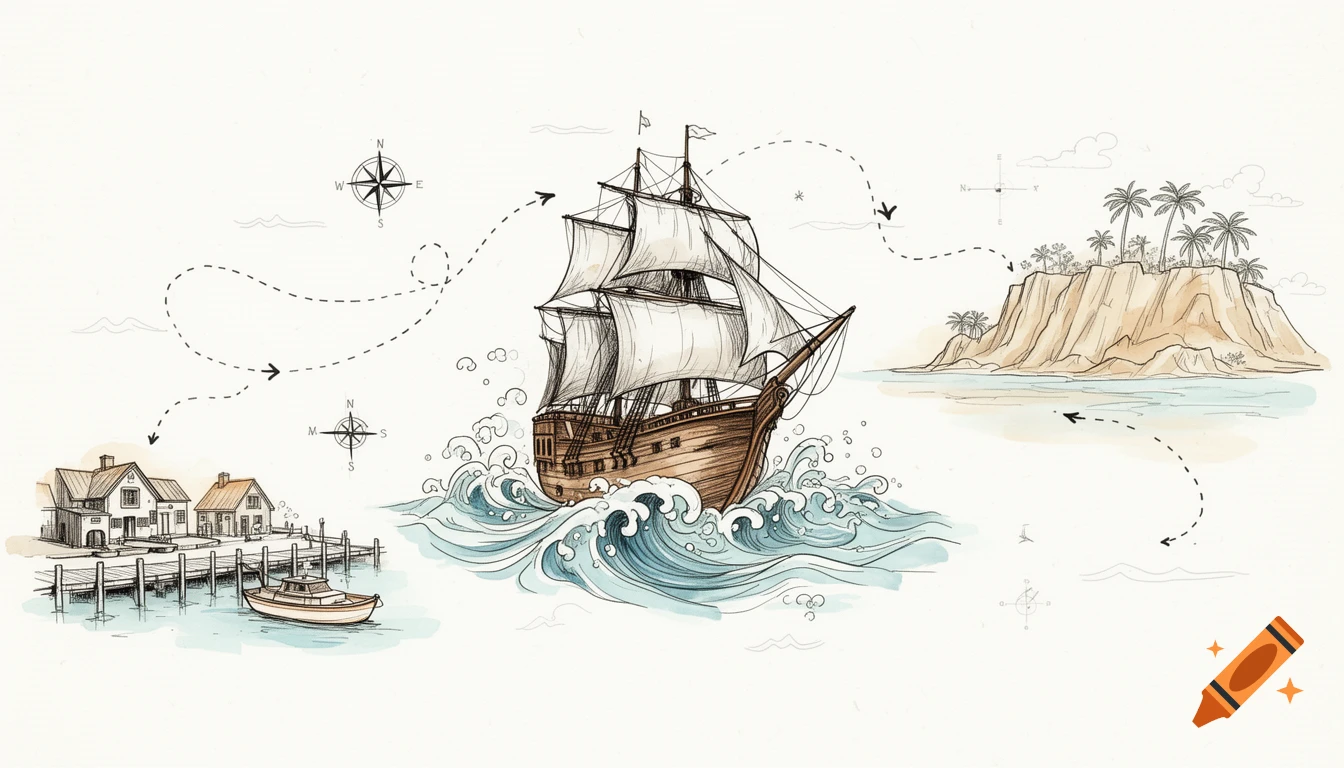 Pen and watercolor sketch of a nautical map featuring a sailing ship, harbor, and island with a dotted path.