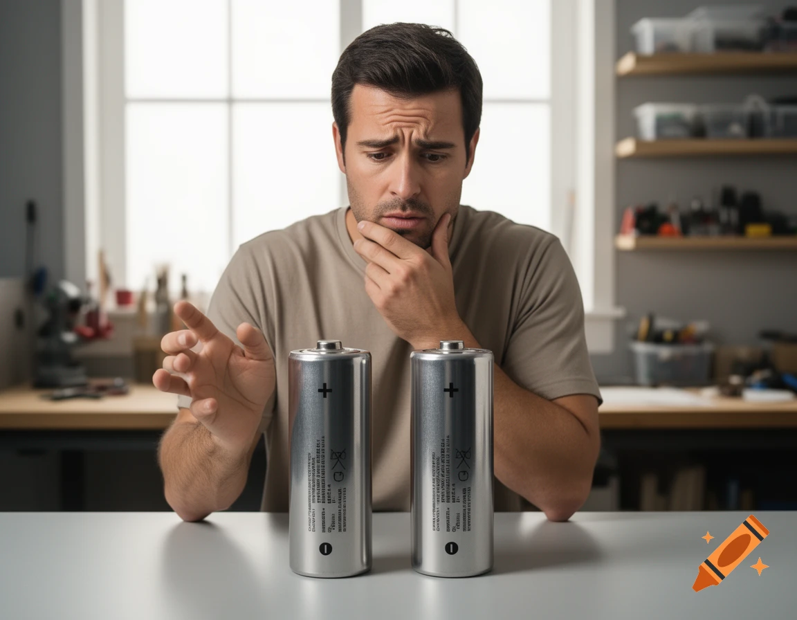 A photorealistic image of a puzzled man sitting at a table with two giant AA batteries.