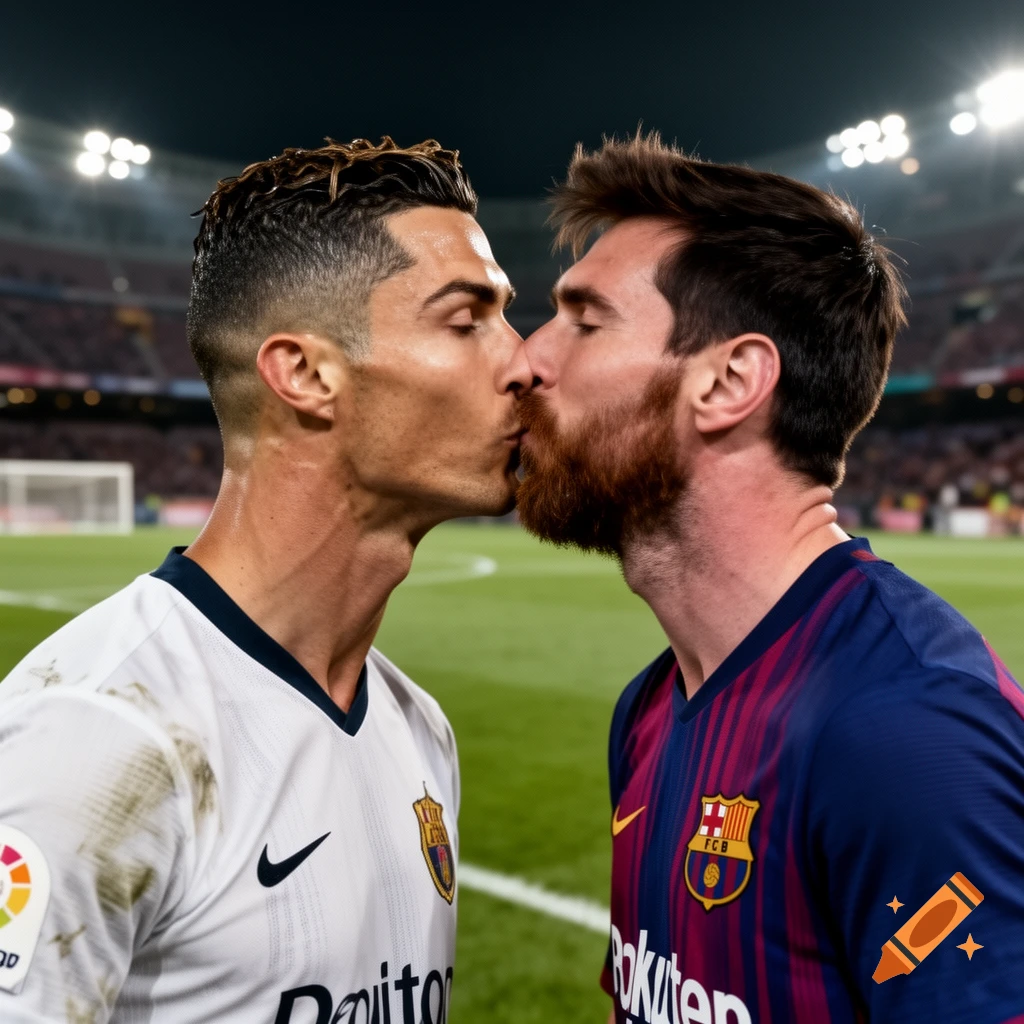 Photorealistic image of Cristiano Ronaldo and Lionel Messi kissing on a soccer pitch.