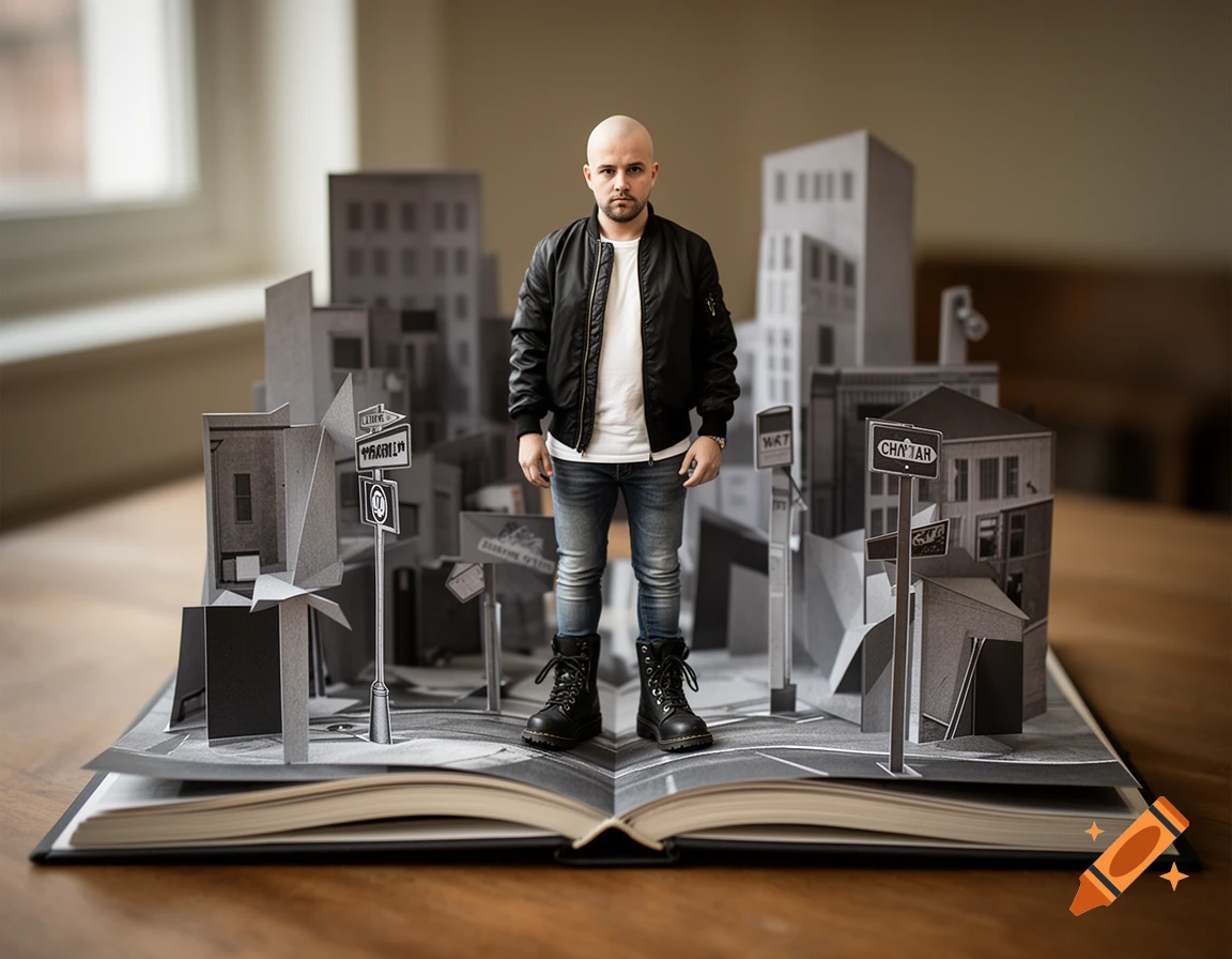 A miniature bald man standing on an open pop-up book depicting a grayscale city street.