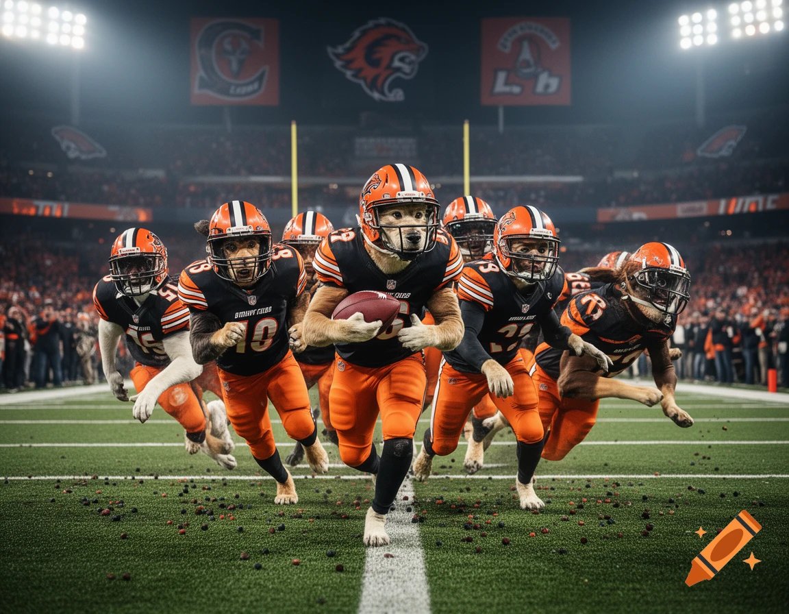 Photorealistic action shot of dogs in football uniforms running on a field in a stadium.