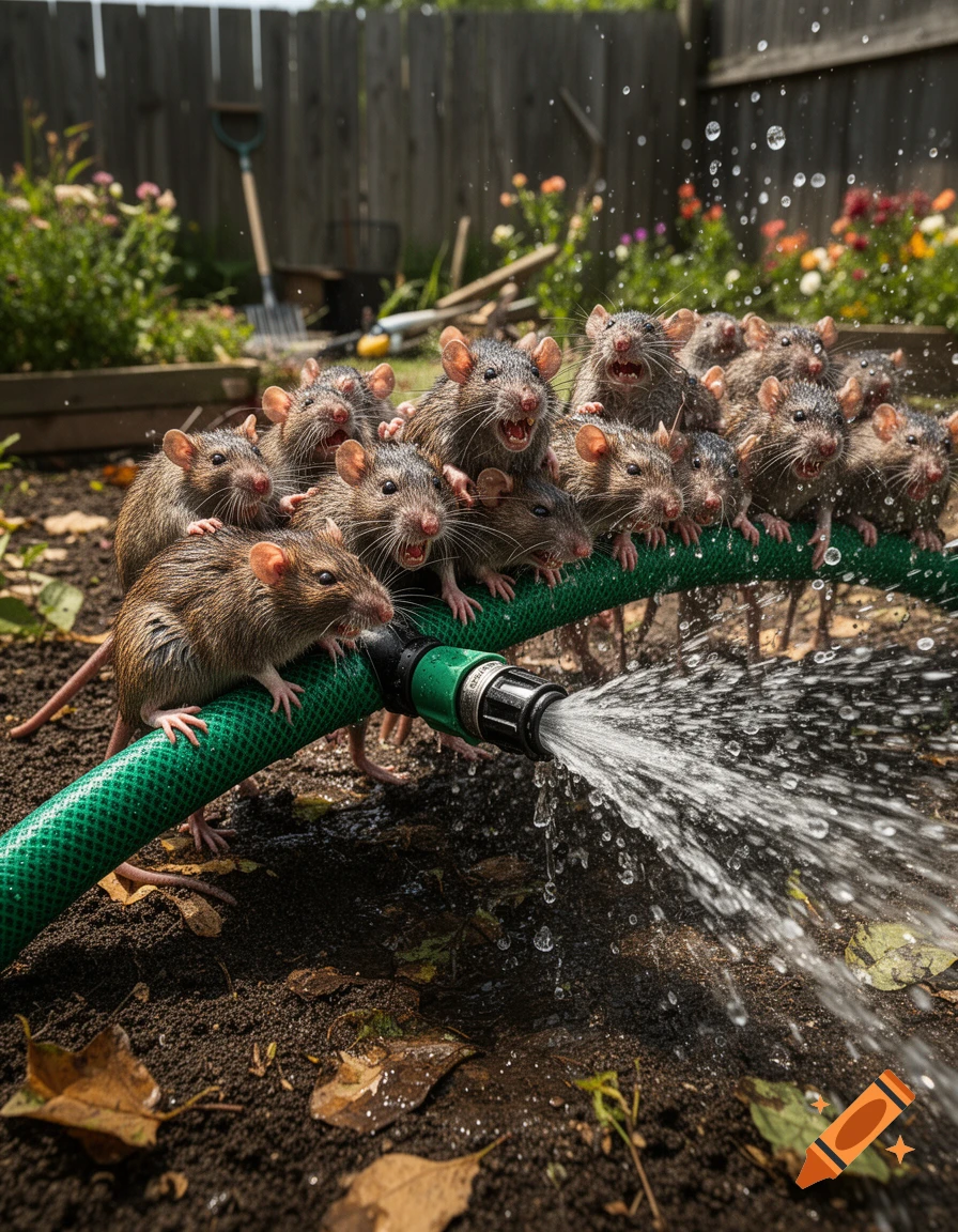 Photorealistic image of many angry rats swarming a green garden hose spraying water in a backyard.